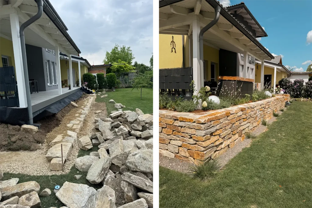 Vorher-Nachher Vergleich Natursteinmauer im Garten mit Trockenbauweise_Freigeist-Gartengestaltung